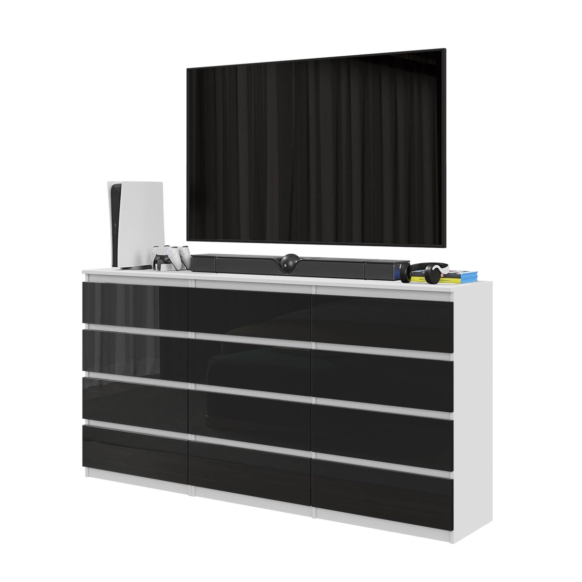 GABRIEL - Cómoda de 12 cajones (8+4) - Armario de almacenamiento para dormitorio - Blanco Mate / Negro Brillante A92cm