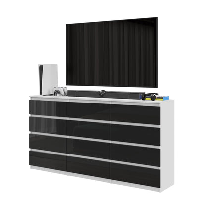 GABRIEL - Cómoda de 12 cajones (8+4) - Armario de almacenamiento para dormitorio - Blanco Mate / Negro Brillante A92cm