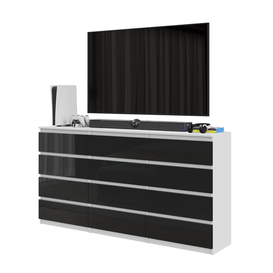 GABRIEL - Cómoda de 12 cajones (8+4) - Armario de almacenamiento para dormitorio - Blanco Mate / Negro Brillante A92cm