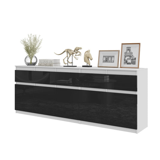 NOAH - Cómoda de 5 cajones y 5 puertas - Armario de almacenamiento para dormitorio - Blanco Mate / Negro Brillante - A75cm