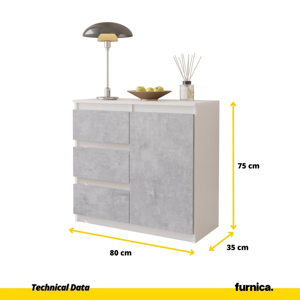 MIKEL - Cómoda de 3 cajones y 1 puerta - Armario de almacenamiento para el dormitorio - Blanco Mate / Hormigón - A75cm A80cm P35cm