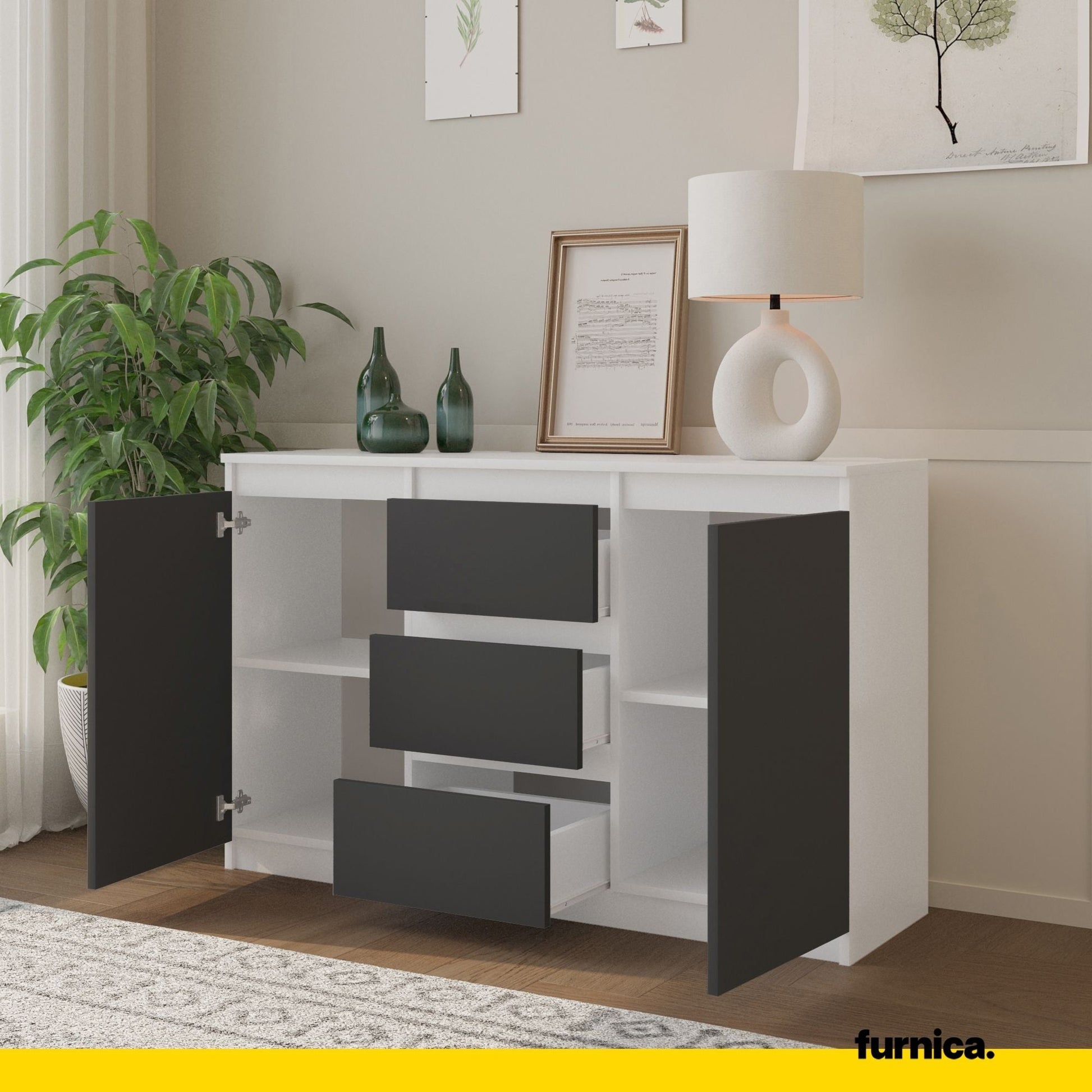 MIKEL - Cómoda de 3 cajones y 2 puertas - Armario de almacenamiento para dormitorio - Blanco Mate / Antracita - A75cm (5)