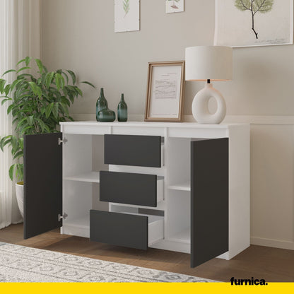 MIKEL - Cómoda de 3 cajones y 2 puertas - Armario de almacenamiento para dormitorio - Blanco Mate / Antracita - A75cm (5)