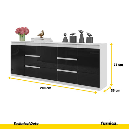 MIKEL - Cómoda de 6 cajones y 3 puertas - Armario de almacenamiento para dormitorio - Aparador - Blanco Mate / Negro (2)