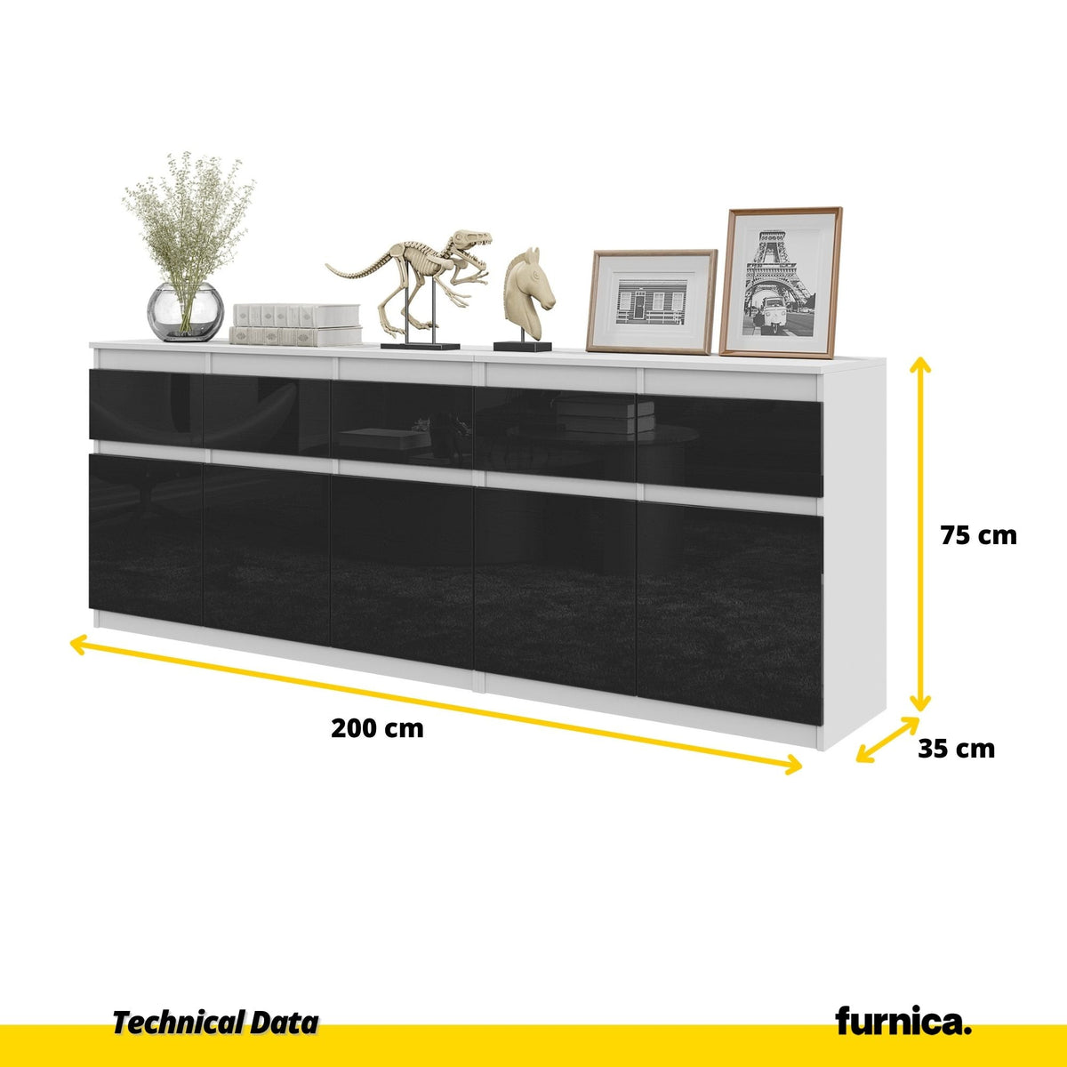 NOAH - Cómoda de 5 cajones y 5 puertas - Armario de almacenamiento para dormitorio - Blanco Mate / Negro Brillante - (2)