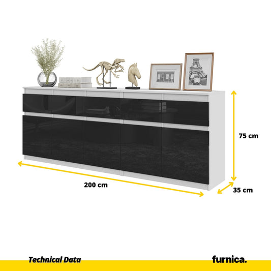 NOAH - Cómoda de 5 cajones y 5 puertas - Armario de almacenamiento para dormitorio - Blanco Mate / Negro Brillante - (2)