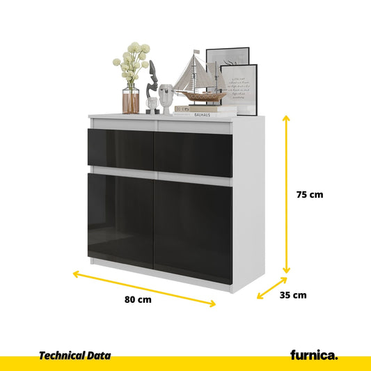 NOAH - Cómoda de 2 cajones y 2 puertas - Armario de almacenamiento para dormitorio - Aparador - Blanco Mate / Negro (2)