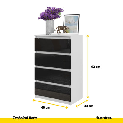 GABRIEL - Cómoda de 4 cajones - Armario de almacenamiento para dormitorio - Blanco Mate / Negro Brillante A92cm A60cm (2)
