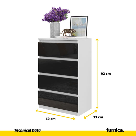 GABRIEL - Cómoda de 4 cajones - Armario de almacenamiento para dormitorio - Blanco Mate / Negro Brillante A92cm A60cm P33cm