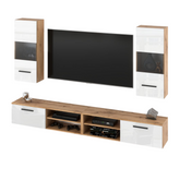 MIRANDA - Mueble TV colgante - 4 armarios - Roble Wotan / Blanco Brillante