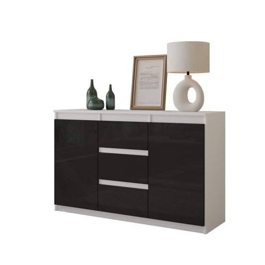 MIKEL - Cómoda de 3 cajones y 2 puertas - Armario de almacenamiento para dormitorio - Aparador - Blanco Mate / Negro