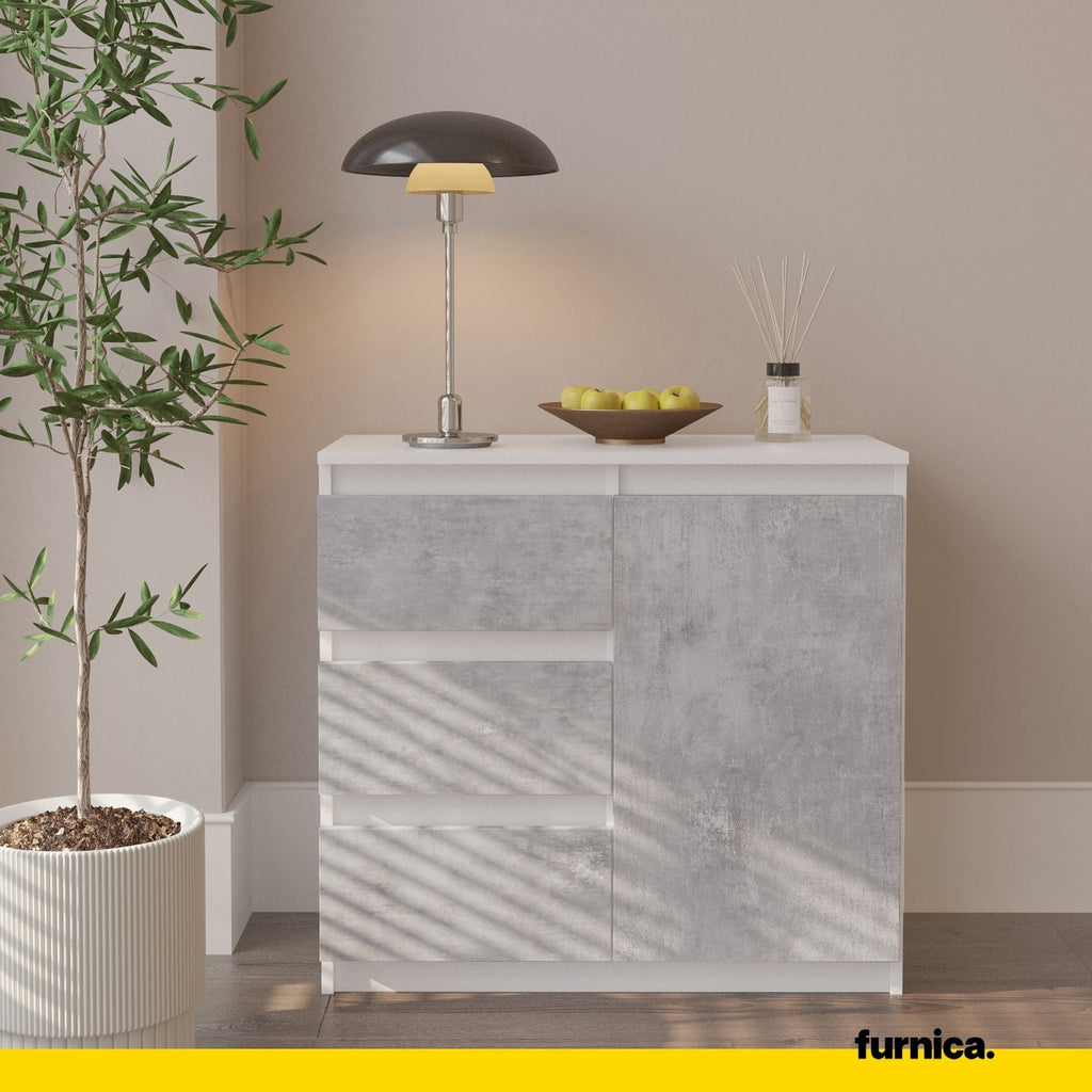 MIKEL - Cómoda de 3 cajones y 1 puerta - Armario de almacenamiento para el dormitorio - Blanco Mate / Hormigón - A75cm A80cm P35cm