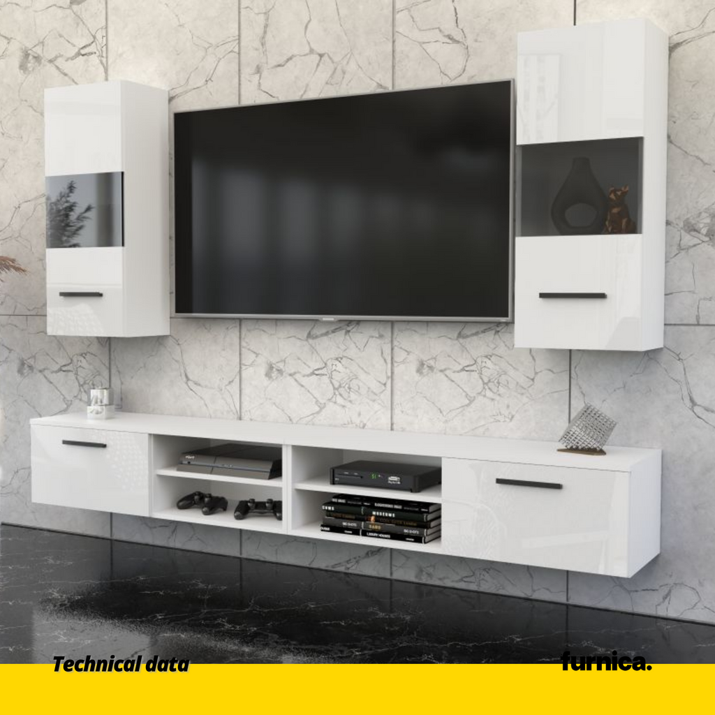 MIRANDA - Mueble TV colgante - 4 armarios - Blanco Mate / Blanco Brillante