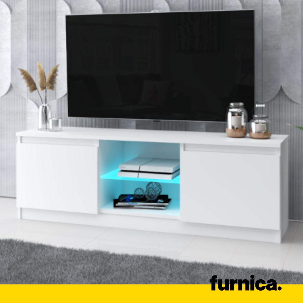 MARCO - Mueble TV con 2 puertas y 1 estante de vidrio - A45cm A120cm P35cm - Blanco Mate