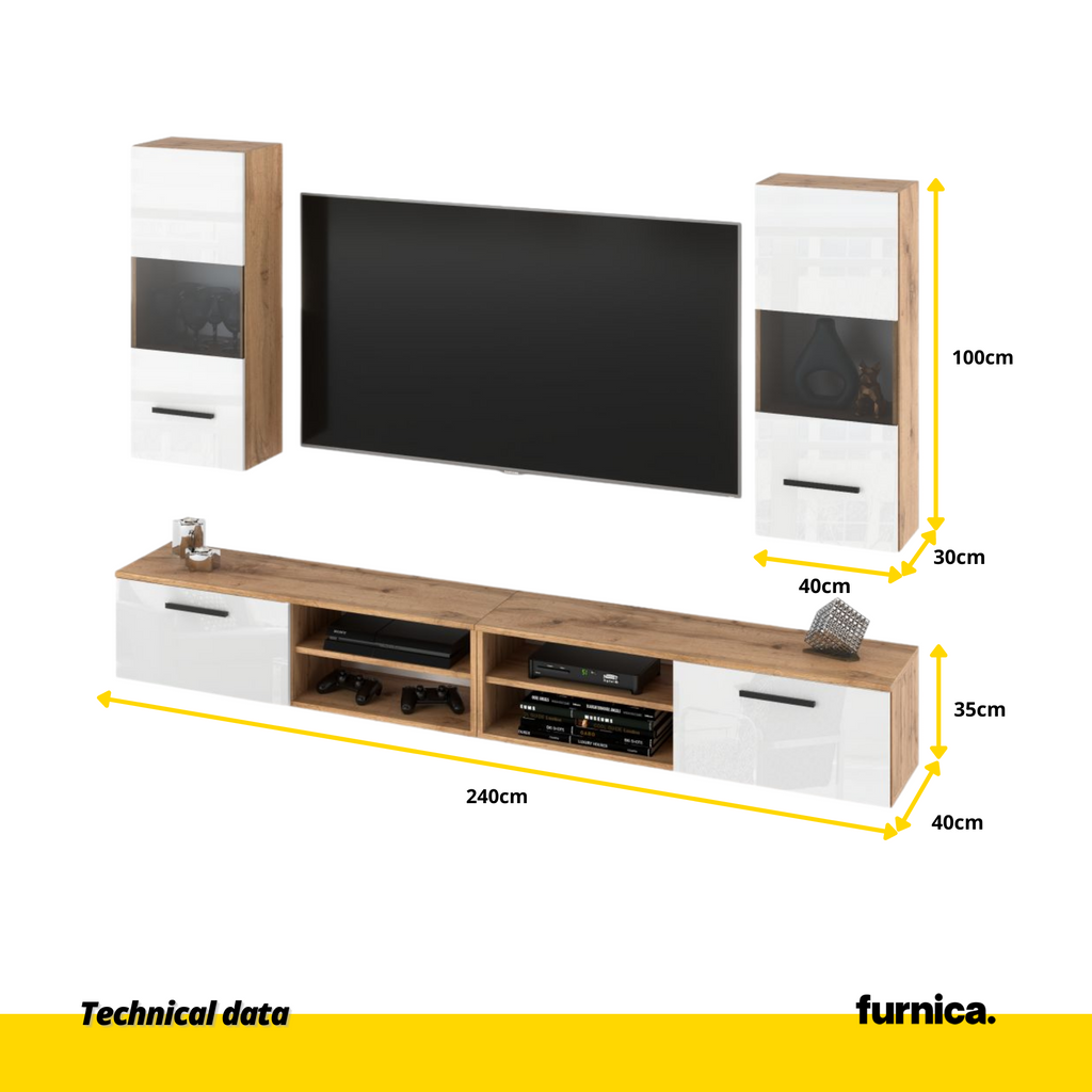 MIRANDA - Mueble TV colgante - 4 armarios - Roble Wotan / Blanco Brillante