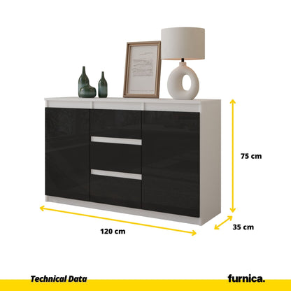 MIKEL - Cómoda de 3 cajones y 2 puertas - Armario de almacenamiento para dormitorio - Aparador - Blanco Mate / Negro (2)
