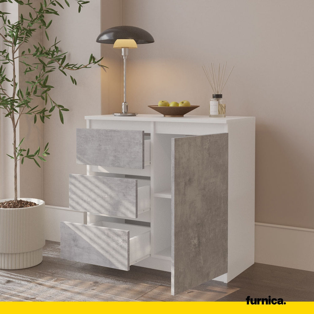 MIKEL - Cómoda de 3 cajones y 1 puerta - Armario de almacenamiento para el dormitorio - Blanco Mate / Hormigón - A75cm A80cm P35cm
