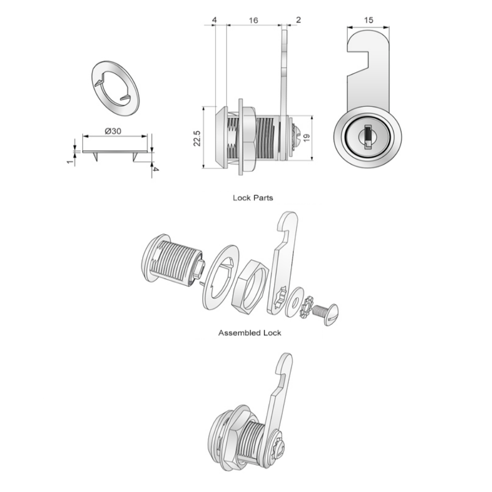 Cerradura de gabinete con placa de gancho de leva de 19x16 mm - Cromo