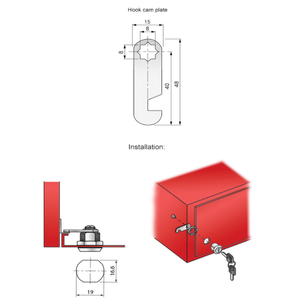 Cerradura de gabinete con placa de gancho de leva de 19x16 mm - Cromo