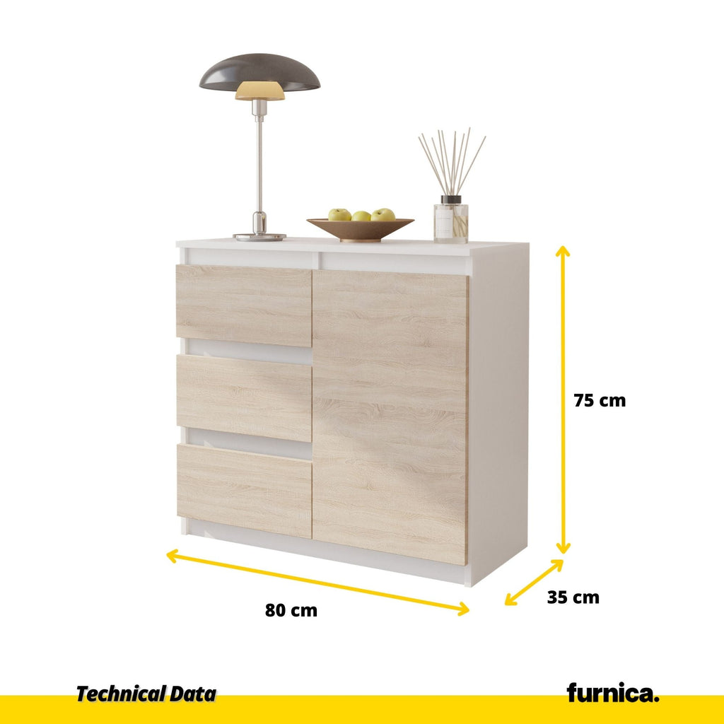 MIKEL - Cómoda de 3 cajones y 1 puerta - Armario de almacenamiento para dormitorio - Blanco Mate / Roble Sonoma - A75cm A80cm P35cm