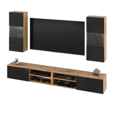 MIRANDA - Mueble TV colgante - 4 armarios - Roble Wotan / Negro Brillante