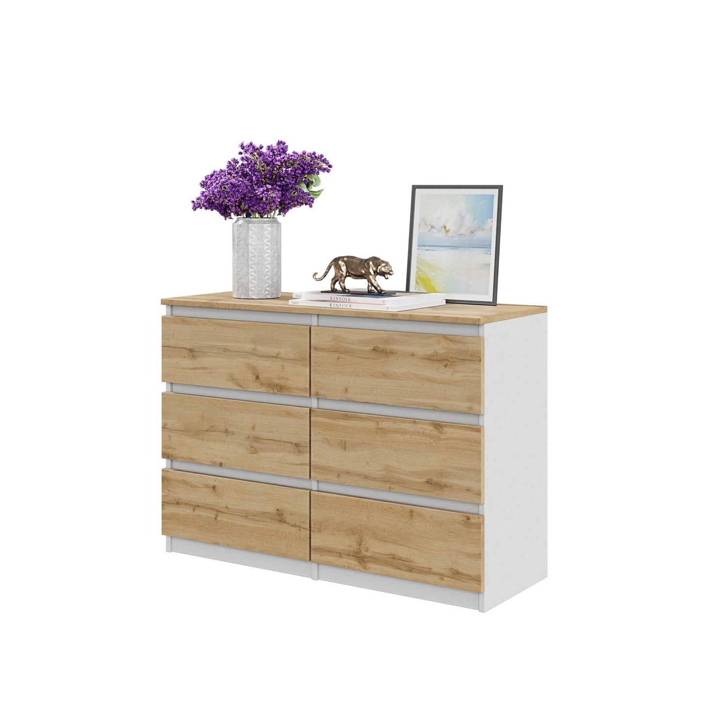 GABRIEL - Cómoda de 6 cajones - Armario de almacenamiento para el dormitorio - Blanco / Roble Wotan - A71cm A100cm P33cm