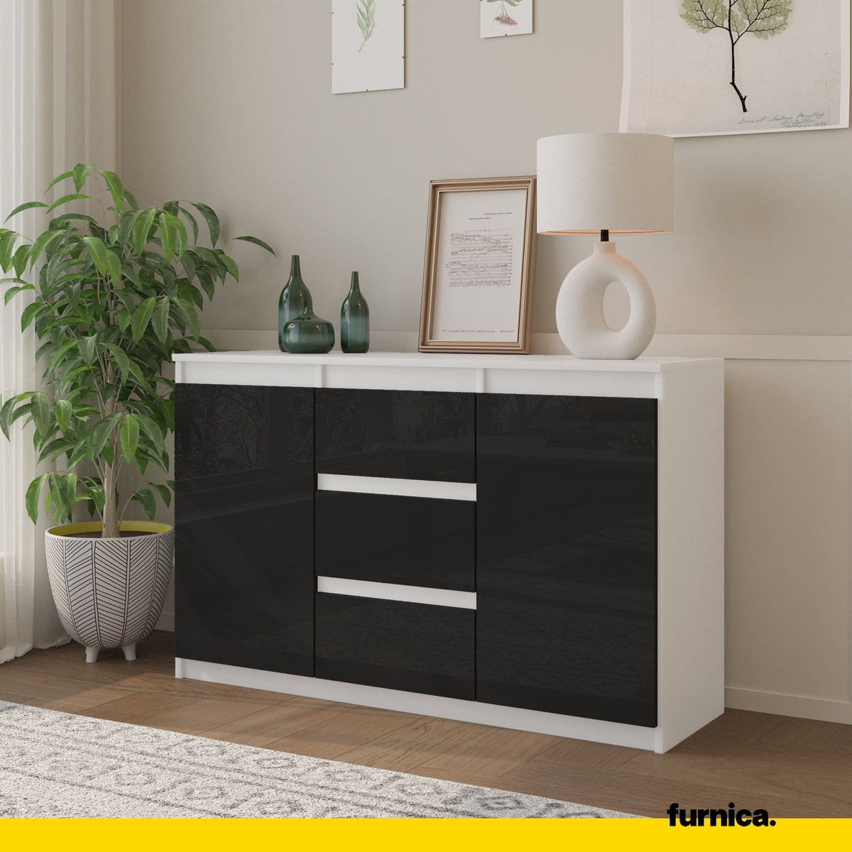 MIKEL - Cómoda de 3 cajones y 2 puertas - Armario de almacenamiento para dormitorio - Aparador - Blanco Mate / Negro (4)