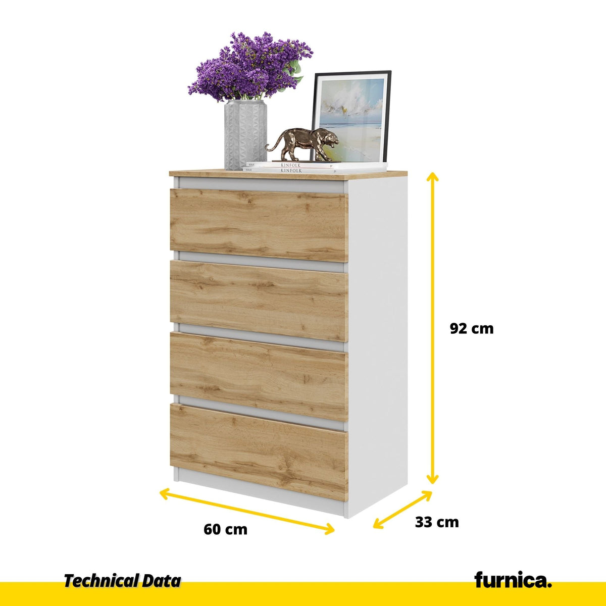 GABRIEL - Cómoda de 4 cajones - Armario de almacenamiento para dormitorio - Blanco Mate / Roble Wotan A92cm A60cm P33cm (2)