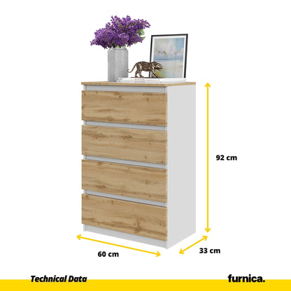 GABRIEL - Cómoda de 4 cajones - Armario de almacenamiento para dormitorio - Blanco Mate / Roble Wotan A92cm A60cm P33cm (2)