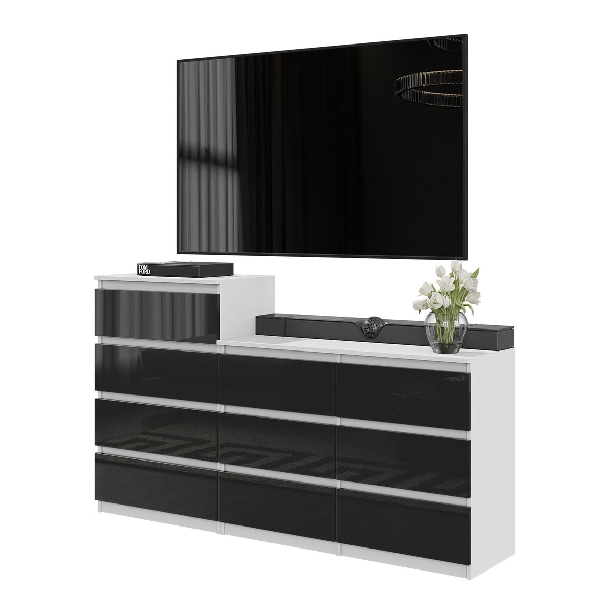 GABRIEL - Cómoda de 10 cajones (6+4) - Armario de almacenamiento para dormitorio - Blanco Mate / Negro Brillante A92/70cm