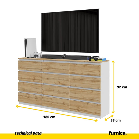 GABRIEL - Cómoda de 12 cajones (8+4) - Armario de almacenamiento para dormitorio - Blanco Mate / Roble Wotan A92cm (2)