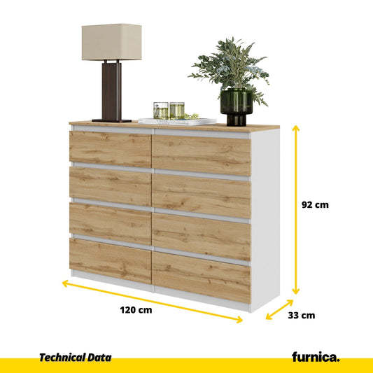 GABRIEL - Cómoda de 8 cajones - Armario de almacenamiento para dormitorio - Blanco Mate / Roble Wotan - A92cm A120cm P33cm