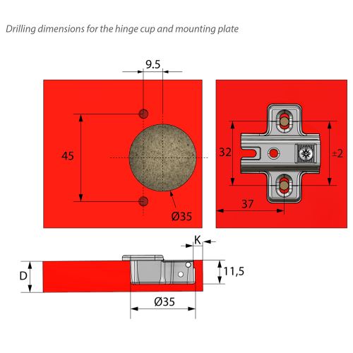 Bisagra de +45º, placa de montaje H2 con tornillos EURO, puertas anguladas
