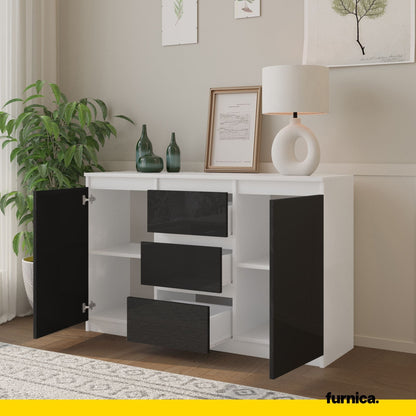 MIKEL - Cómoda de 3 cajones y 2 puertas - Armario de almacenamiento para dormitorio - Aparador - Blanco Mate / Negro (5)