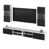 MIRANDA - Mueble TV colgante - 4 armarios - Blanco Mate / Negro Brillante