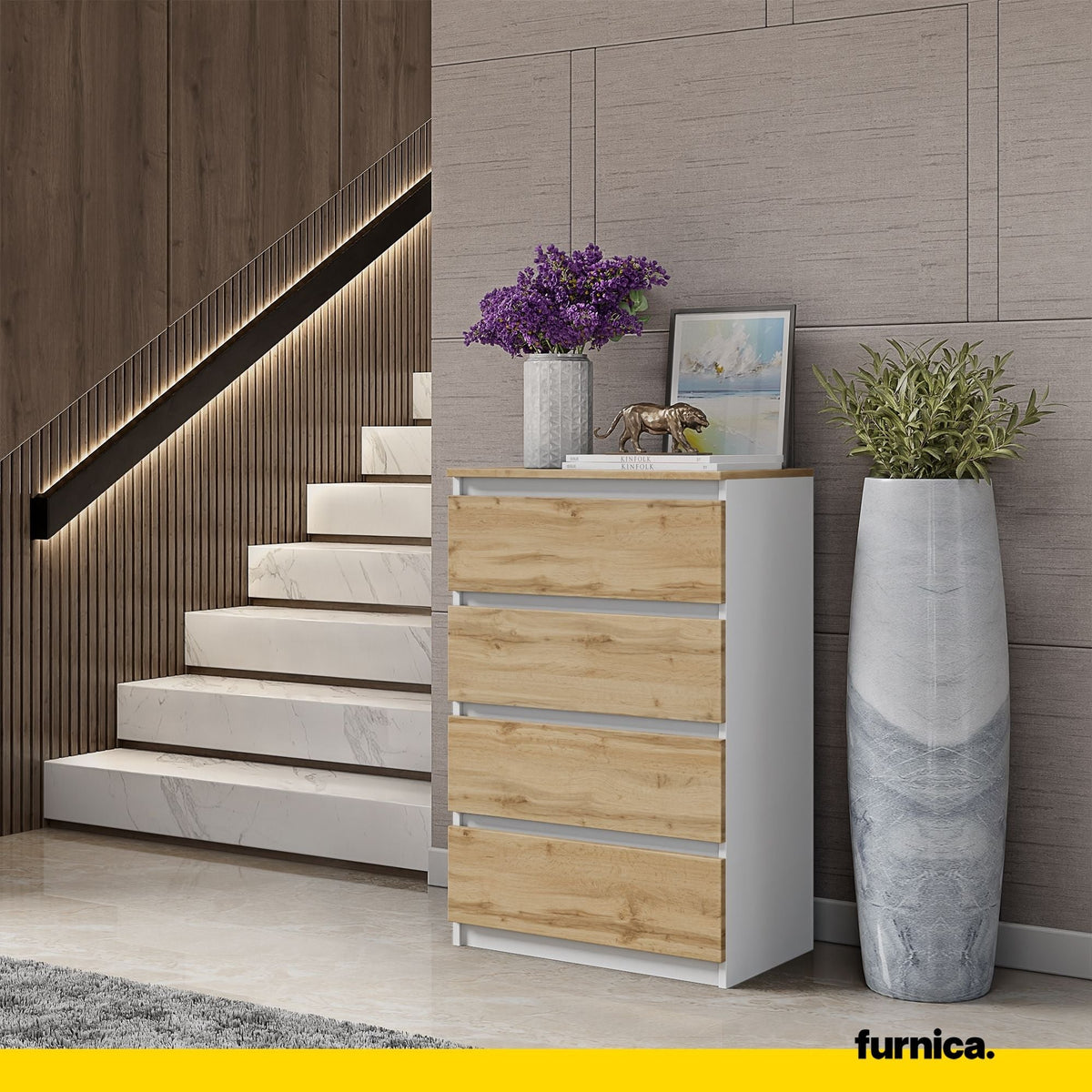 GABRIEL - Cómoda de 4 cajones - Armario de almacenamiento para dormitorio - Blanco Mate / Roble Wotan A92cm A60cm P33cm (3)