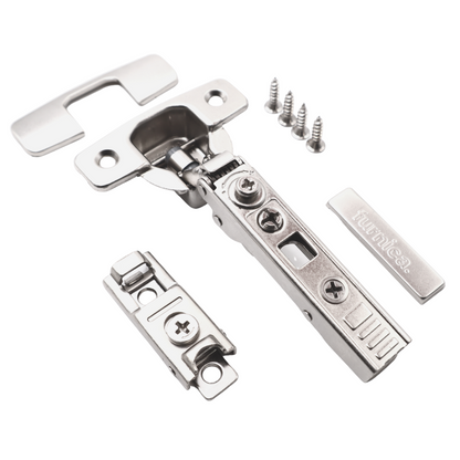 Bisagra 4D de cierre suave a 110°, placa de montaje invisible H0 con tornillos y cubiertas EURO, puertas con solape – Furnica