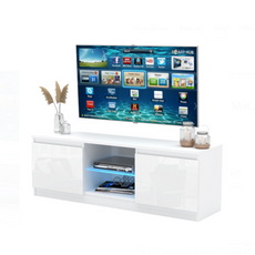 MARCO - Mueble TV con 2 puertas y 1 estante de vidrio - A45cm A120cm P35cm - Blanco Mate / Blanco Brillante