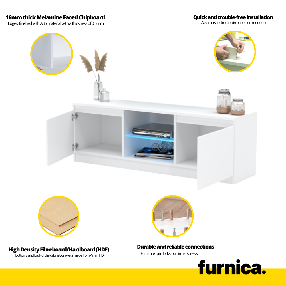 MARCO - Mueble TV con 2 puertas y 1 estante de vidrio - A45cm A120cm P35cm - Blanco Mate