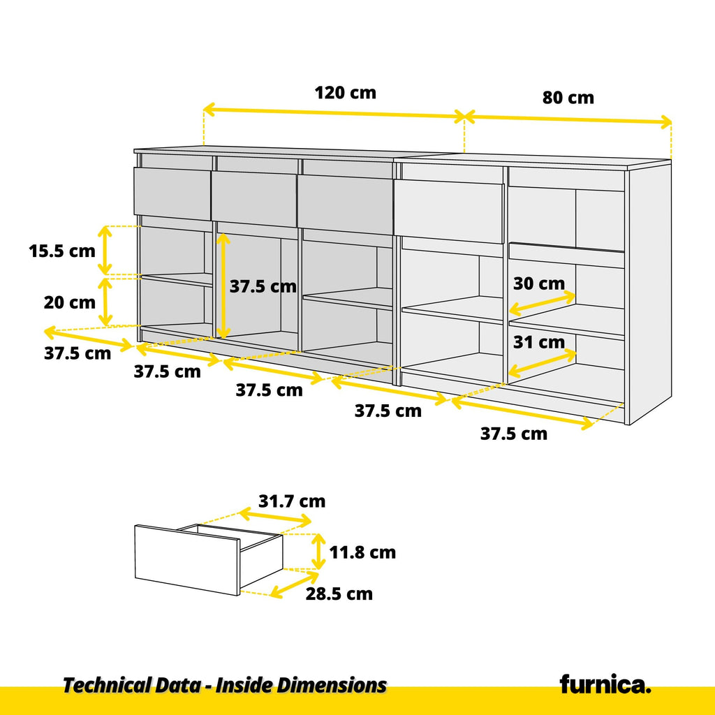 NOAH - Cómoda de 5 cajones y 5 puertas - Armario de almacenamiento para dormitorio - Hormigón / Antracita - A75cm A200cm P35cm