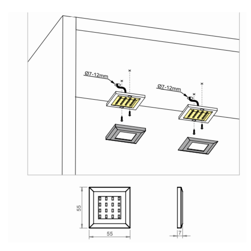 Lámpara de mueble LED cuadrada x2, color azul claro, longitud del cable: 2m + cable de alimentación con interruptor de pie