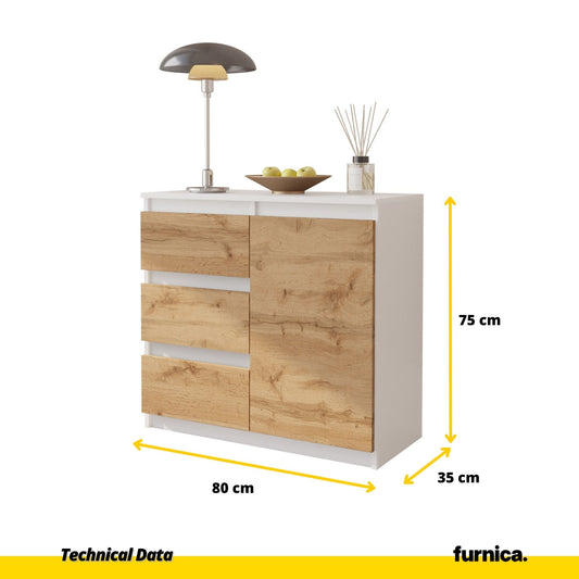 MIKEL - Cómoda de 3 cajones y 1 puerta - Armario de almacenamiento para dormitorio - Blanco Mate / Roble Wotan - A75cm A80cm P35cm