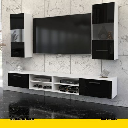 MIRANDA - Mueble TV colgante - 4 armarios - Blanco Mate / Negro Brillante