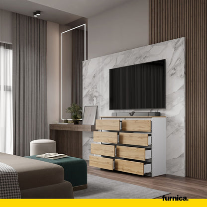 GABRIEL - Cómoda de 8 cajones - Armario de almacenamiento para dormitorio - Blanco Mate / Roble Wotan - A92cm A120cm P33cm