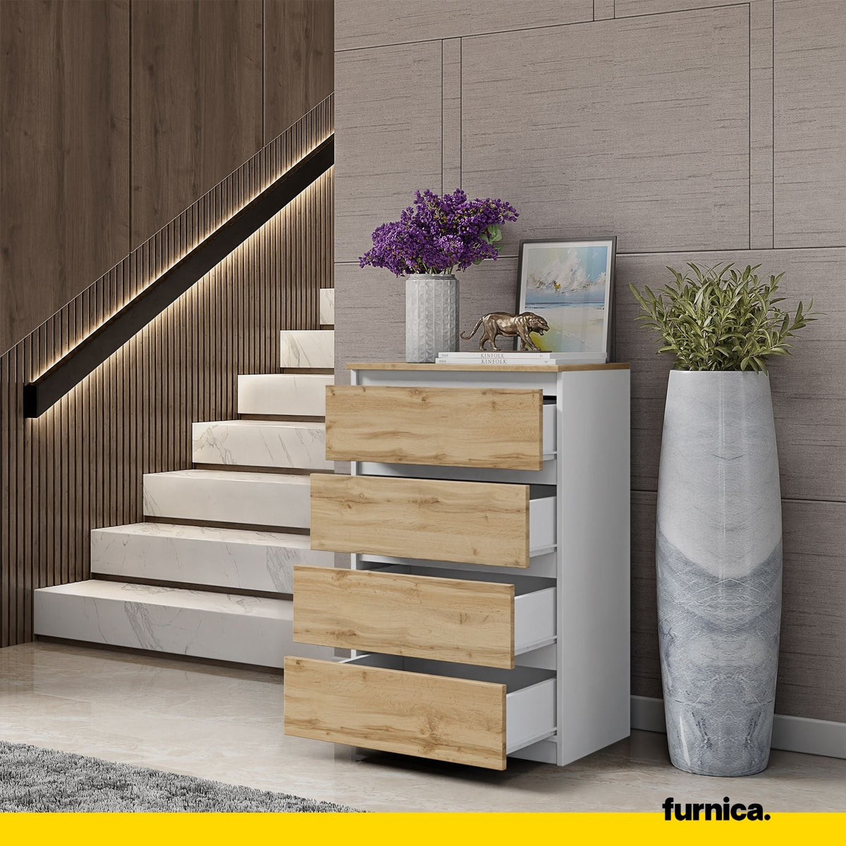 GABRIEL - Cómoda de 4 cajones - Armario de almacenamiento para dormitorio - Blanco Mate / Roble Wotan A92cm A60cm P33cm (4)