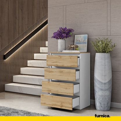 GABRIEL - Cómoda de 4 cajones - Armario de almacenamiento para dormitorio - Blanco Mate / Roble Wotan A92cm A60cm P33cm (4)