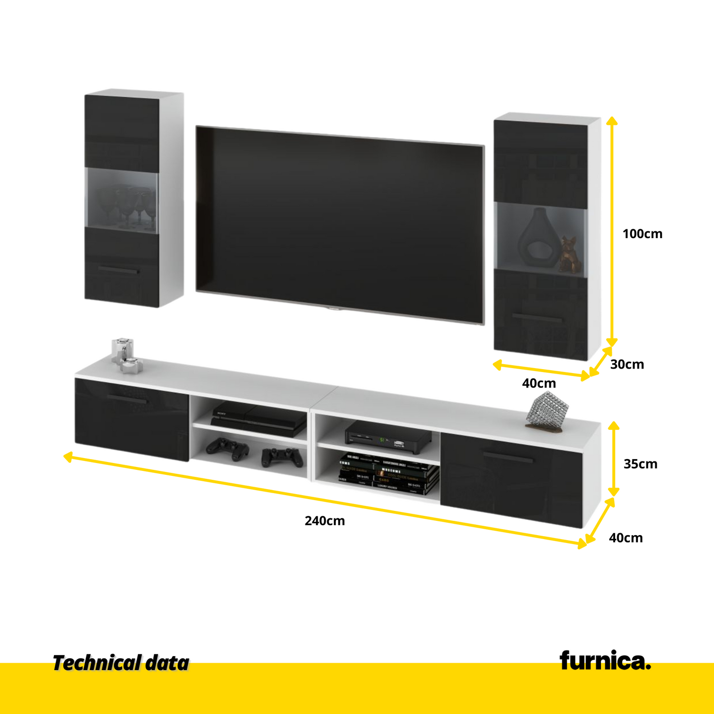 MIRANDA - Mueble TV colgante - 4 armarios - Blanco Mate / Negro Brillante