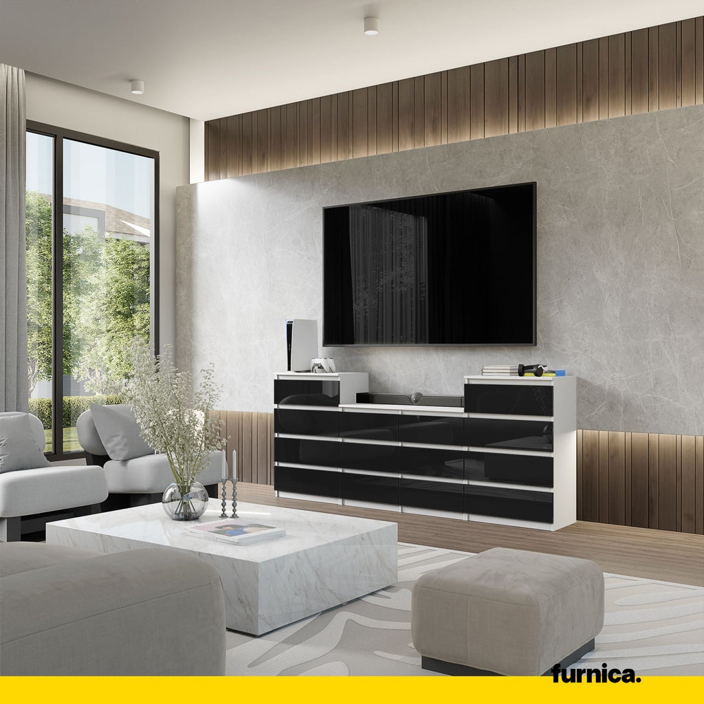 GABRIEL - Cómoda de 14 cajones (4+6+4) - Armario de almacenamiento para el dormitorio - Blanco Mate / Negro Brillante A92cm A220cm P33cm