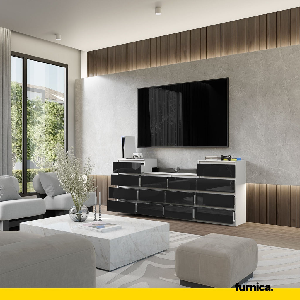 GABRIEL - Cómoda de 14 cajones (4+6+4) - Armario de almacenamiento para el dormitorio - Blanco Mate / Negro Brillante A92cm A220cm P33cm