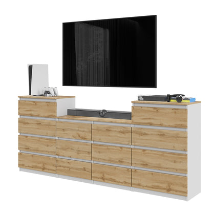 GABRIEL - Cómoda de 14 cajones (4+6+4) - Armario de almacenamiento para dormitorio - Blanco Mate / Roble Wotan - A92cm